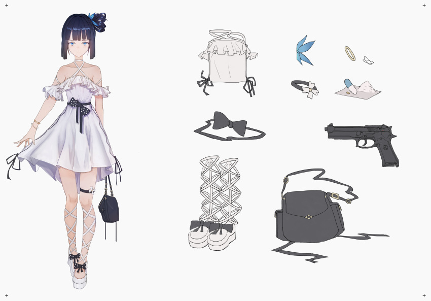1girl absurdres aer7o ankle_lace-up bag bangs bare_shoulders black_bow blue_eyes bow bracelet butterfly_hair_ornament character_sheet choker closed_mouth collarbone criss-cross_halter cross-laced_footwear dress gun hair_ornament halterneck handbag handgun highres holding_bag jewelry looking_at_viewer off-shoulder_dress off_shoulder one_side_up original pill polka_dot polka_dot_bow purple_background purple_hair simple_background solo weapon weapon_request white_choker white_dress white_footwear