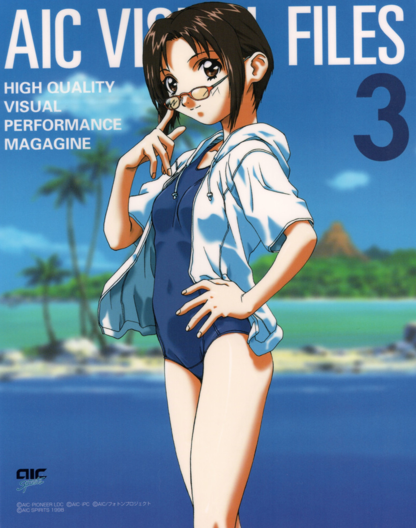 1998 1girl 90s aic beach blue_swimsuit brown_eyes brown_hair dated day finger_to_face hand_on_hip highres official_art one-piece_swimsuit outdoors short_hair short_sleeves smile solo swimsuit