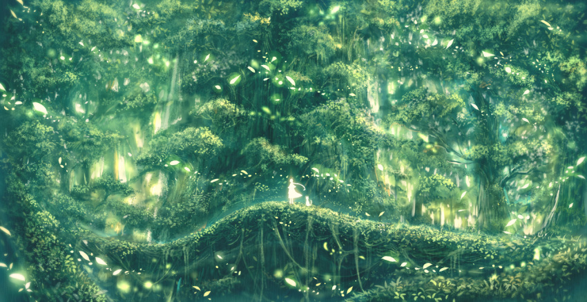 1girl ahoge cat commentary_request dress forest glowing green light_particles long_hair nature original ponytail sakimori_(hououbds) scenery silhouette solo standing tree