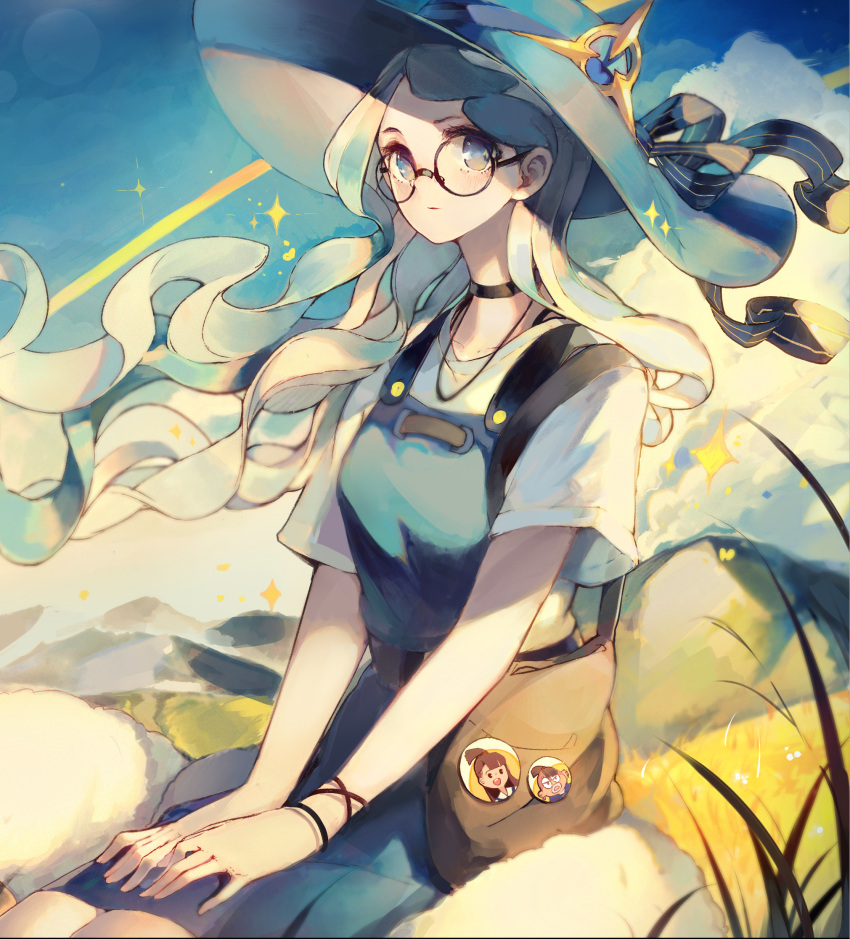 1girl bag blue_sky choker closed_mouth clouds day diana_cavendish glasses grey_eyes hadean92 hat highres kneeling little_witch_academia long_hair looking_at_viewer silver_hair sky wind