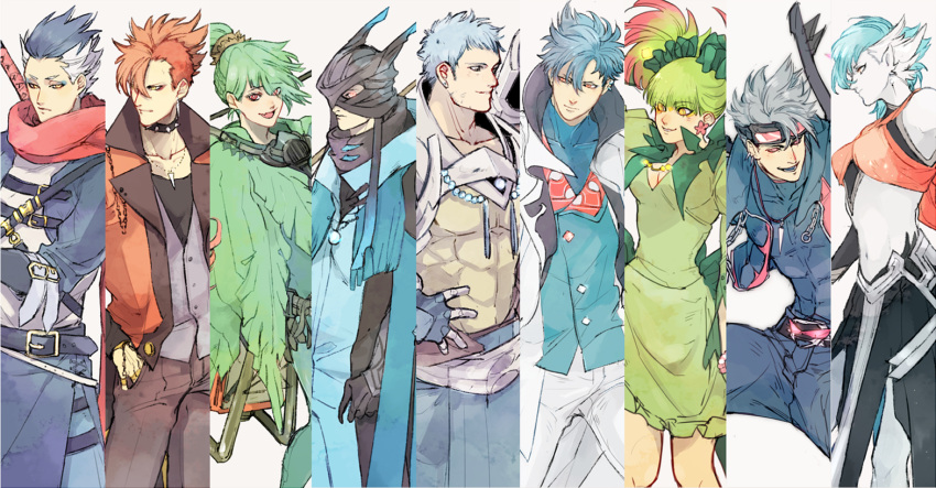 3girls 6+boys alternate_color black_gloves blastoise blue_hair blue_lips brown_eyes cape charizard collar earrings facial_hair gallade gardevoir gloves goggles goggles_on_head gradient_hair green_hair greninja grey_hair hand_in_pocket jacket jewelry light_blue_hair maractus midriff mohawk multicolored_hair multiple_boys multiple_girls muscle navel necklace ngr_(nnn204204) orange_hair pale_skin personification pink_eyes pink_scarf pokemon ponytail red_eyes scarf spiked_collar spikes standing stubble stud_earrings talonflame two-tone_hair venusaur vest white_hair yanmega yellow_eyes