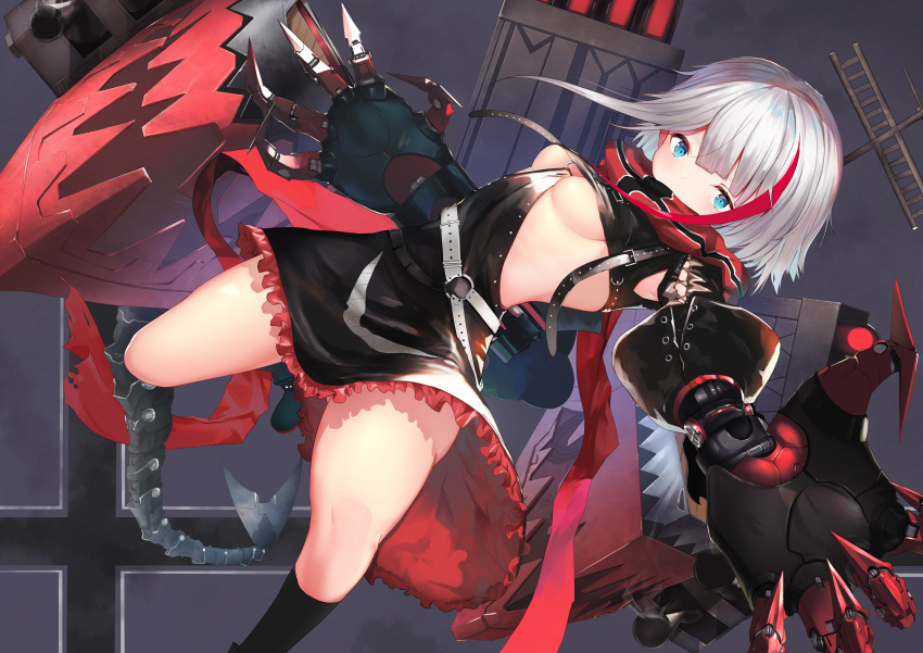 1girl admiral_graf_spee_(azur_lane) azur_lane bangs black_dress black_legwear blue_eyes blunt_bangs blush breasts covered_mouth cropped_jacket dress eyebrows_visible_through_hair floating_hair highres isaka_wasabi kneehighs looking_at_viewer machinery mechanical_arms mechanical_tail multicolored_hair necktie no_bra o-ring_belt one_leg_raised red_neckwear red_scarf redhead rigging scarf short_hair short_hair_with_long_locks short_sleeves sidelocks silver_hair small_breasts solo strap streaked_hair tail thighs under_boob