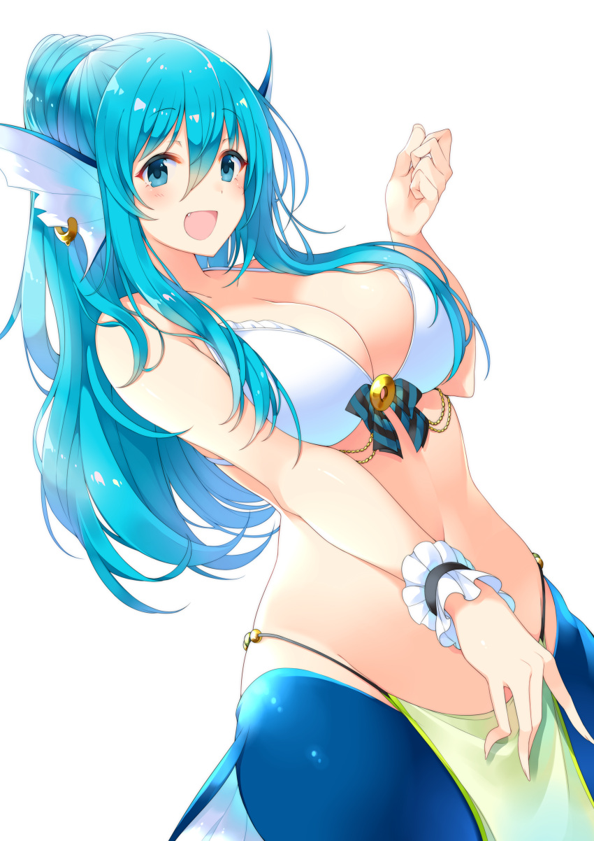 1girl :d absurdres animal_ears bare_shoulders bikini blue_eyes blue_hair blush breasts cleavage commentary_request earrings eyebrows_visible_through_hair fang fins hair_between_eyes hand_up head_fins highres jewelry large_breasts long_hair looking_at_viewer matsunoki_(unknown_751) mermaid monster_girl navel open_mouth original pelvic_curtain ponytail simple_background smile solo swimsuit white_background white_bikini wristband