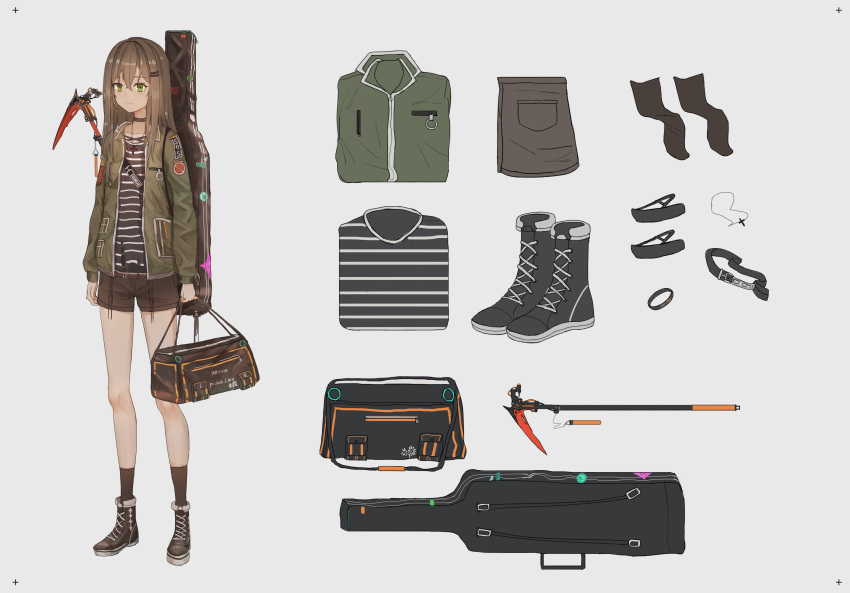 1girl absurdres aer7o bangs boots brown_footwear brown_hair brown_legwear brown_shorts character_sheet cross cross_necklace eyebrows_visible_through_hair green_eyes green_jacket grey_background hair_between_eyes hair_ornament hairclip highres holding_bag instrument_case jacket jewelry long_hair long_sleeves necklace open_clothes open_jacket original scythe shirt short_shorts shorts simple_background socks solo striped striped_shirt