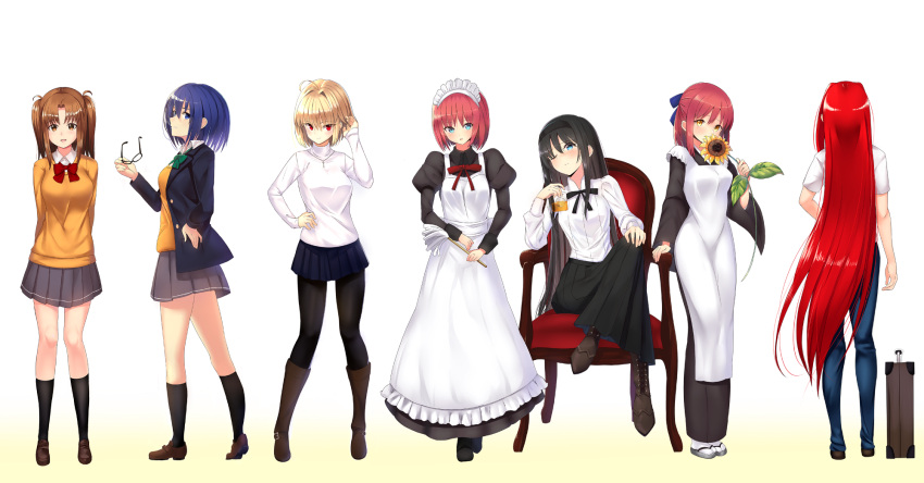 6+girls ahoge aozaki_aoko apron arcueid_brunestud arms_behind_back black_hair black_kimono black_legwear black_ribbon black_skirt blonde_hair blue_hair blue_pants blue_ribbon blue_skirt boots bow brown_footwear brown_hair ciel denim floating_hair flower full_body grey_skirt hair_ribbon hand_in_hair hand_on_hip hand_on_own_knee highres hisui holding holding_eyewear holding_flower i.f.s.f japanese_clothes kimono knee_boots kneehighs kohaku legs_crossed loafers long_hair long_skirt looking_at_viewer miniskirt multiple_girls neck_ribbon pants pantyhose red_bow red_neckwear red_ribbon redhead ribbon school_uniform shirt shoes short_hair short_sleeves simple_background sitting skirt suitcase sunflower sweater tohno_akiha tsukihime twintails uniform very_long_hair white_apron white_background white_legwear white_shirt yellow_sweater yumizuka_satsuki