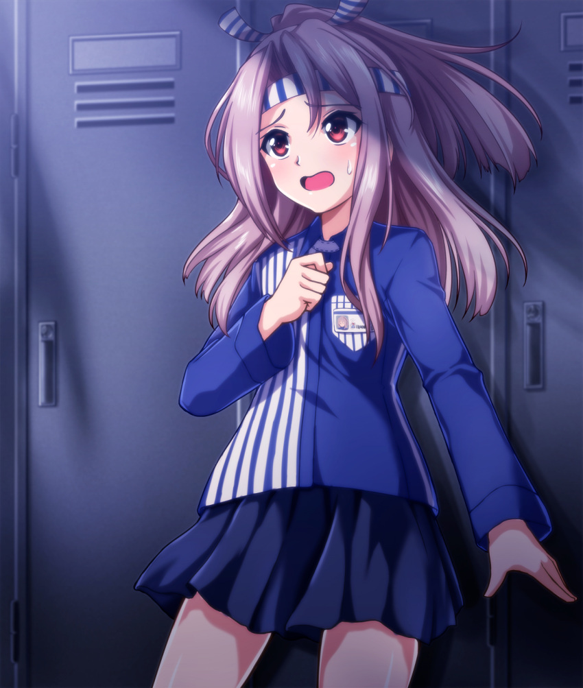 1girl blue_skirt brown_eyes employee_uniform hachimaki headband high_ponytail highres kantai_collection lawson light_brown_hair locker locker_room long_hair name_tag open_mouth pleated_skirt ponytail shirt skirt striped striped_shirt sweatdrop uniform vertical-striped_shirt vertical_stripes zanntetu zuihou_(kantai_collection)