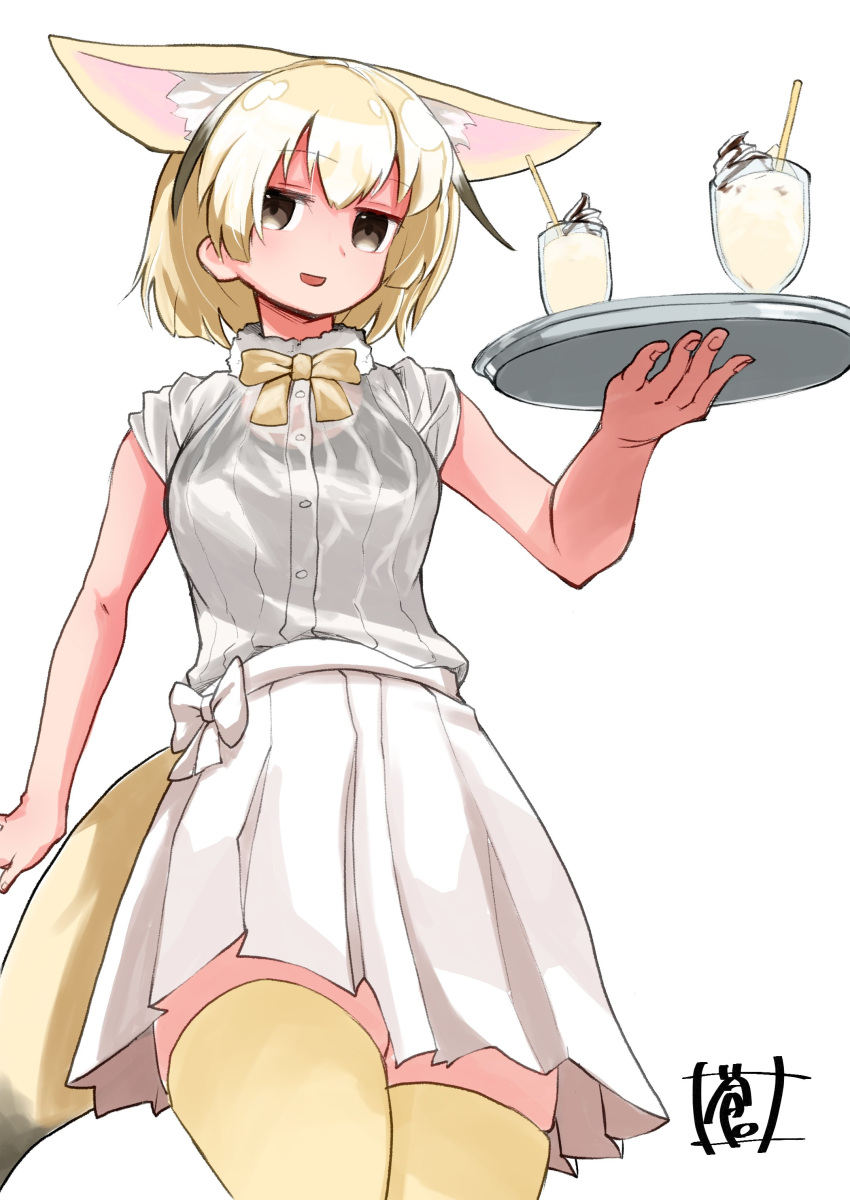 1girl :d absurdres alternate_costume animal_ears bangs bare_arms black_hair blonde_hair bow bowtie brown_eyes buttons chocolate_syrup cup dress_shirt drinking_glass eyebrows eyebrows_visible_through_hair fennec_(kemono_friends) food fox_ears fox_girl fox_tail fur_collar hair_between_eyes highres holding holding_plate ice_cream kemono_friends multicolored_hair open_mouth plate pleated_skirt shirt short_hair short_sleeves simple_background skirt smile solo sou_(pale_1080) sundae tail thigh-highs whipped_cream white_background white_bow white_hair white_shirt white_skirt yellow_bow yellow_legwear yellow_neckwear zettai_ryouiki