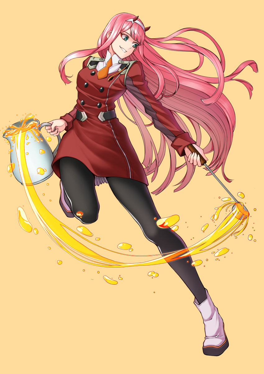 1girl absurdres aqua_eyes black_legwear boots commentary_request darling_in_the_franxx full_body hairband highres holding_jug holding_ladle honey horns jug ladle long_hair nanni_jjang orange_neckwear pantyhose pink_hair red_horns smile standing standing_on_one_leg uniform white_hairband zero_two_(darling_in_the_franxx)