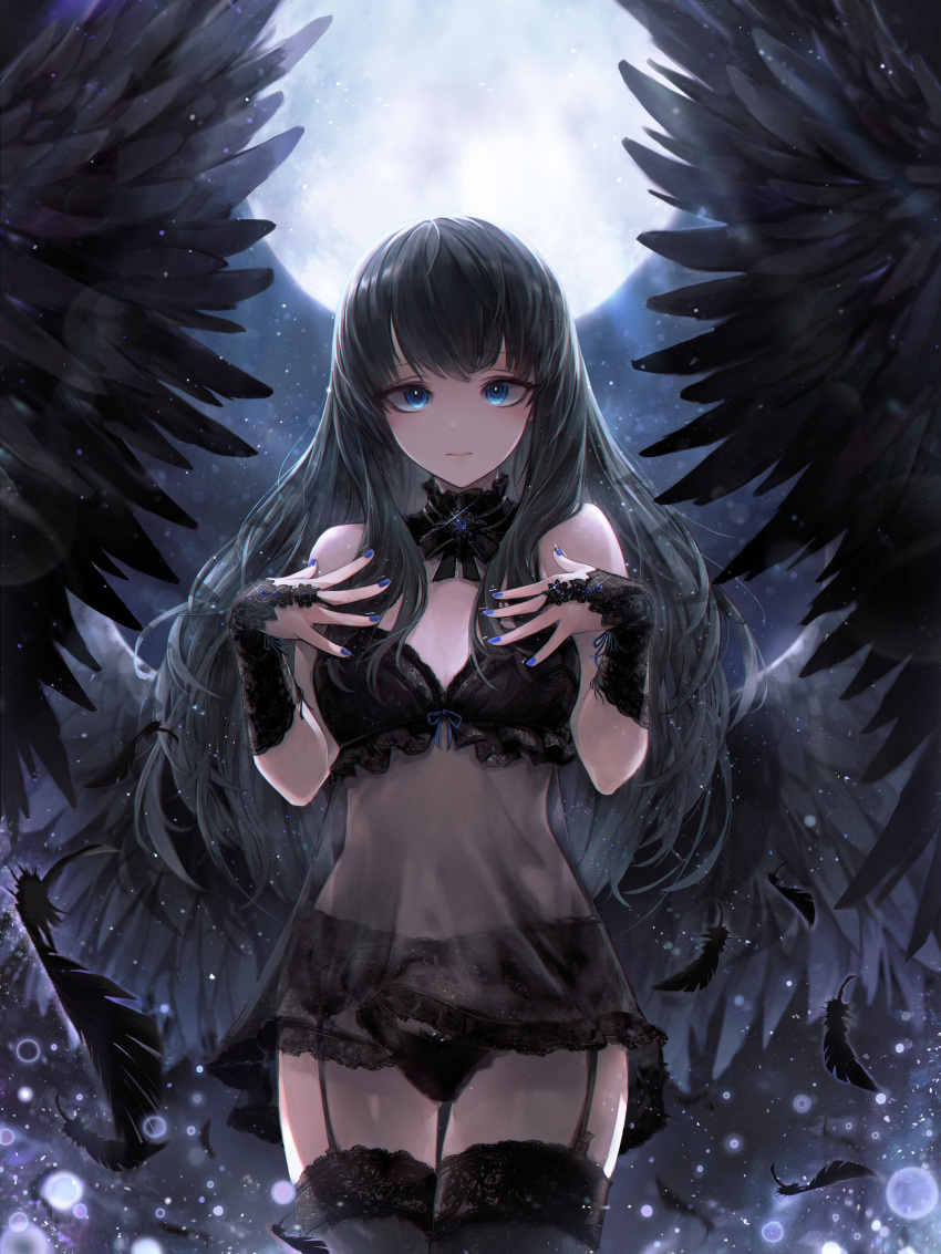 1girl absurdres bare_shoulders black_hair black_legwear black_panties black_wings blue_eyes blush breasts bridal_gauntlets cleavage commentary crystalherb english_commentary feathers fingernails garter_belt garter_straps hair_between_eyes highres lingerie nail_polish original panties see-through solo standing thigh_gap underwear wings