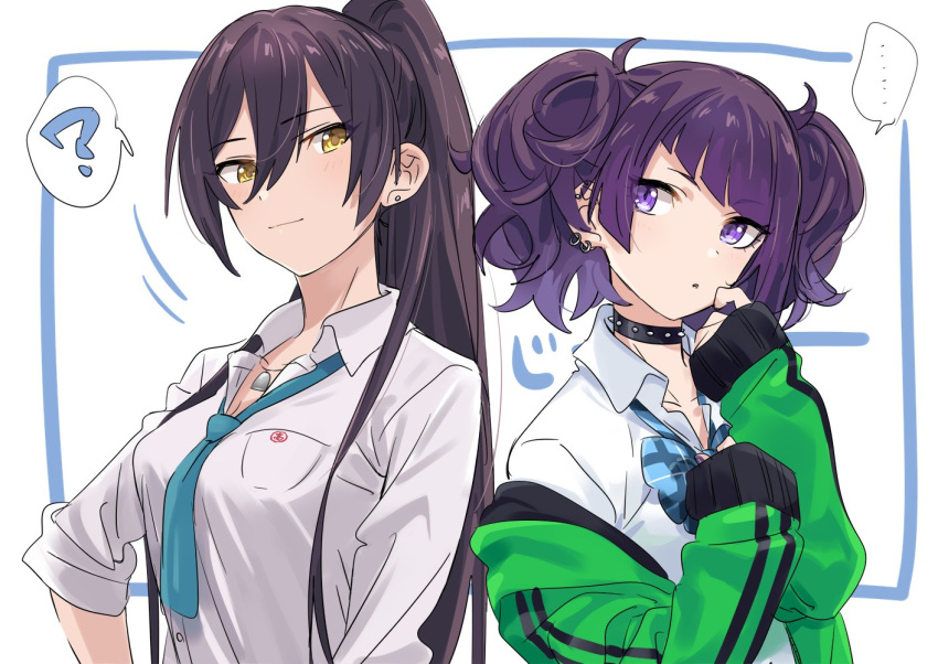 1girl 2girls back-to-back bangs black_hair breasts choker cleavage collarbone diagonal_bangs dog_tags earrings eyebrows_visible_through_hair green_jacket hair_between_eyes idol idolmaster idolmaster_shiny_colors jacket jewelry long_hair looking_at_viewer multiple_girls necktie ponytail purple_hair school_uniform shirase_sakuya shirt short_twintails tanaka_mamimi twintails violet_eyes yellow_eyes yomosaka