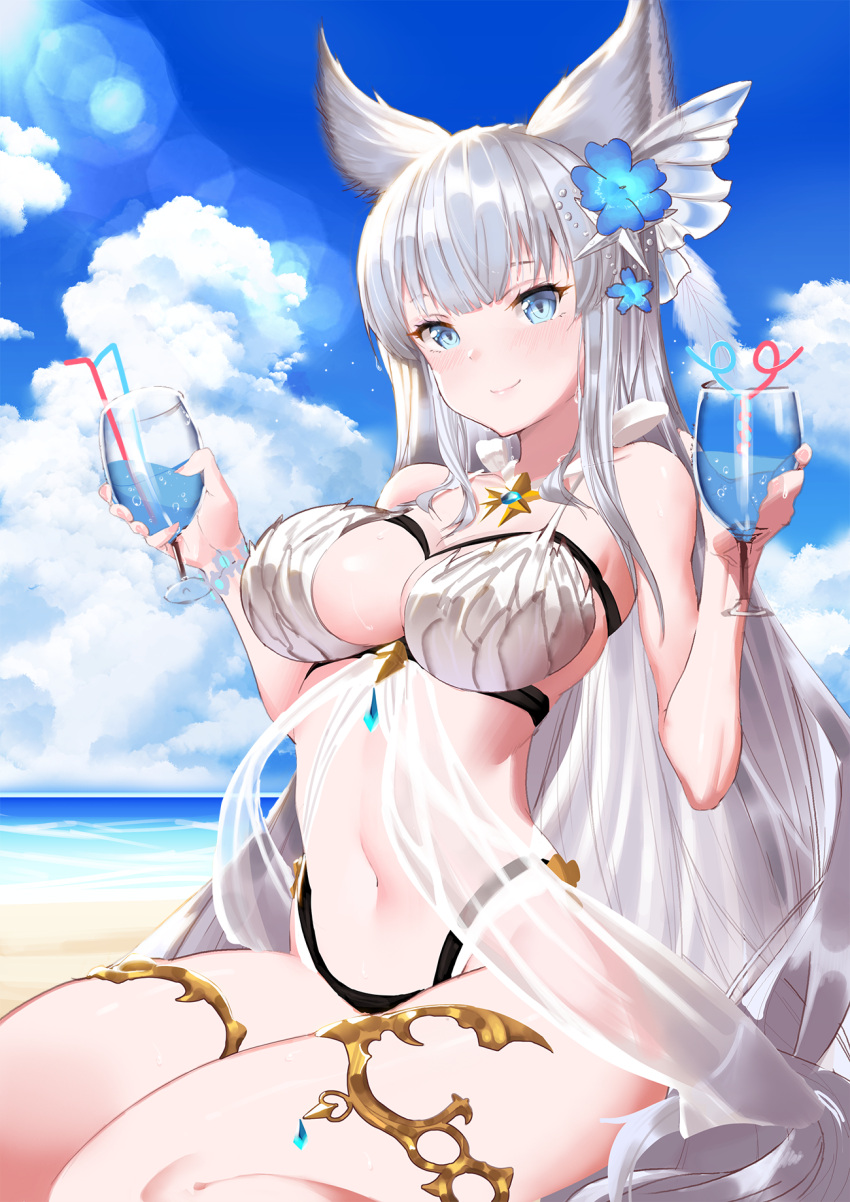 1girl animal_ears bangs bare_shoulders beach bendy_straw bikini blue_eyes blue_flower blue_sky blunt_bangs blush breasts clouds crazy_straw cup day drink drinking_straw erune flower granblue_fantasy hair_flower hair_ornament highres holding korwa large_breasts long_hair looking_at_viewer navel ocean outdoors silver_hair sitting sky smile solo swimsuit tigersaber very_long_hair wariza water