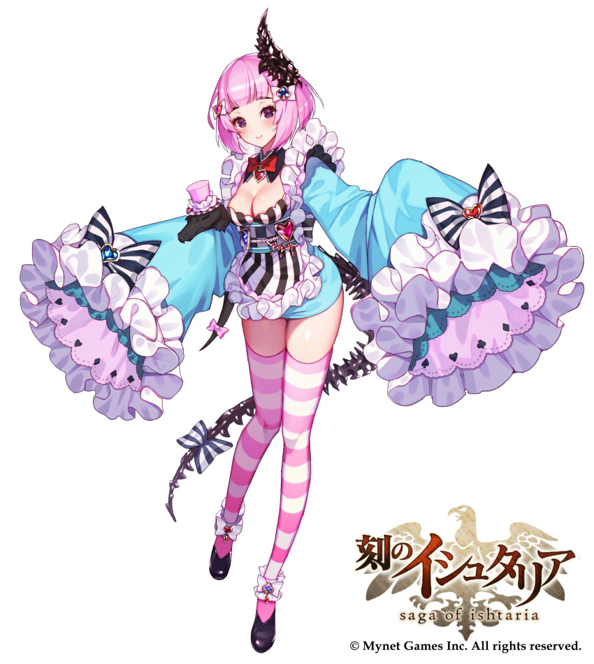 1girl age_of_ishtaria black_footwear blue_dress bow breasts cleavage copyright_name dress hair_bow hair_ornament heart highres jewelry long_sleeves looking_at_viewer medium_breasts moriko06 necklace official_art pink_hair pink_legwear red_pupils shoes short_hair striped striped_bow striped_legwear tail vertical_stripes violet_eyes watermark wide_sleeves