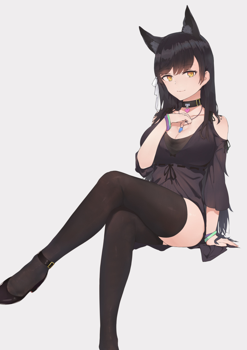 1girl absurdres animal_ears arm_support atago_(azur_lane) azur_lane bangs black_dress black_footwear black_hair black_legwear bracelet breasts casual choker cleavage dress grain hair_ribbon hand_on_own_chest highres jewelry large_breasts legs_crossed long_hair looking_at_viewer mole mole_under_eye necklace pointy_shoes ribbon shoes shoulder_cutout sitting smile solo swept_bangs thigh-highs white_background yellow_eyes
