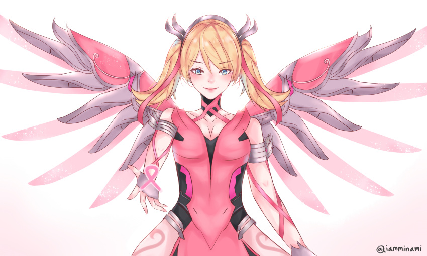 1girl absurdres alternate_costume alternate_hairstyle awareness_ribbon bare_shoulders blonde_hair blue_eyes breasts criss-cross_halter dress fingerless_gloves fingernails gloves hair_ribbon halterneck heart highres iamminami looking_at_viewer mechanical_halo mechanical_wings medium_breasts mercy_(overwatch) nail_polish outstretched_hand overwatch pink_dress pink_mercy pink_nails pink_ribbon pink_wings ribbon simple_background smile solo twintails twitter_username upper_body white_background wings