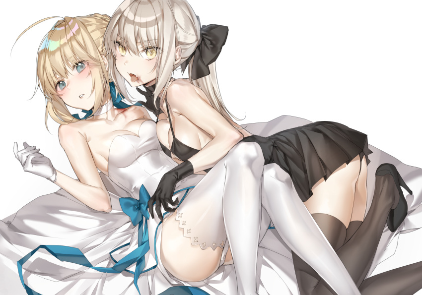 2girls artoria_pendragon_(all) bangs bare_shoulders black_bow black_dress black_footwear black_gloves black_legwear blonde_hair blood blue_eyes bow breasts brown_hair collarbone commentary dress eyebrows_visible_through_hair fangs fate/stay_night fate_(series) gloves hair_between_eyes hair_bow high_heels highres lying medium_breasts multiple_girls myo_ne on_back open_mouth panties parted_lips ponytail saber saber_alter simple_background strapless strapless_dress thigh-highs tongue tongue_out underwear white_background white_dress white_gloves white_legwear white_panties yellow_eyes