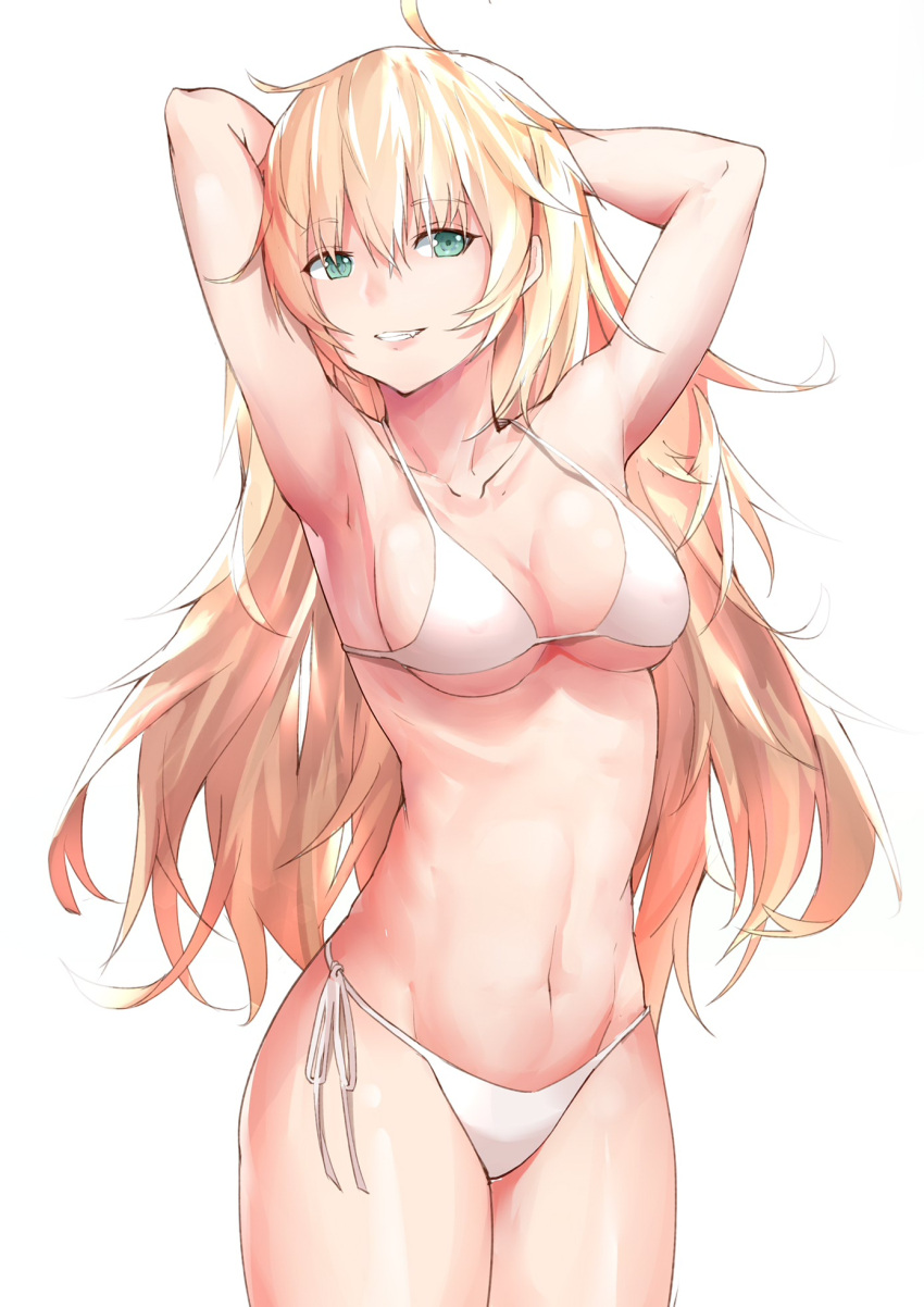 1girl ahoge alternate_costume armpits arms_behind_head bangs bikini blonde_hair blush breasts cleavage collarbone cowboy_shot eyebrows_visible_through_hair fang girls_frontline green_eyes groin hair_between_eyes head_tilt highres large_breasts legs_together long_hair looking_at_viewer madao messy_hair navel parted_lips s.a.t.8_(girls_frontline) side-tie_bikini sidelocks simple_background smile solo stomach swimsuit thighs very_long_hair white_background white_bikini