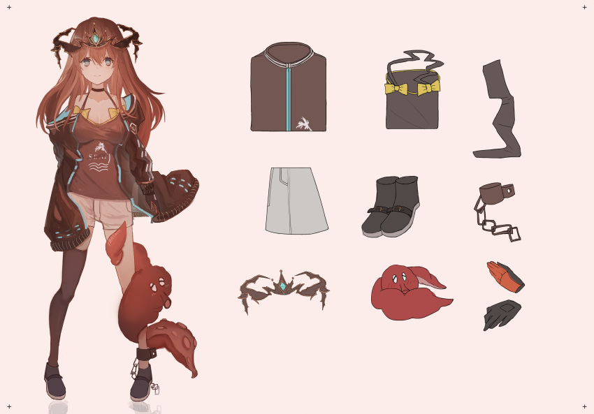 1girl absurdres aer7o asymmetrical_legwear beige_background black_footwear black_gloves black_legwear blush boots bow breasts brown_camisole brown_eyes brown_hair brown_jacket brown_shorts camisole character_sheet closed_mouth collarbone cuffs gloves headpiece highres jacket long_hair long_sleeves looking_at_viewer medium_breasts monster open_clothes open_jacket original short_shorts shorts simple_background single_thighhigh smile solo standing star star-shaped_pupils suction_cups symbol-shaped_pupils tentacle thigh-highs yellow_bow