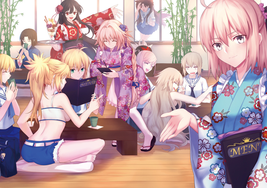 1boy 6+girls ahoge alternate_costume apron artoria_pendragon_(all) astolfo_(fate) asymmetrical_hair black_hair blonde_hair blue_kimono braid brown_hair closed_eyes cup denim denim_shorts fate/grand_order fate_(series) floor floral_print flower folded_ponytail french_braid gogatsu_fukuin green_eyes grey_eyes grey_hair hair_bun hair_flower hair_ornament hair_scrunchie highres holding holding_cup holding_tray indoors ishtar_(fate/grand_order) japanese_clothes jeanne_d'arc_(alter)_(fate) jeanne_d'arc_(fate)_(all) kara_no_kyoukai kimono koha-ace long_braid long_hair maid_apron menu miyamoto_musashi_(fate/grand_order) mordred_(fate) mordred_(fate)_(all) multiple_girls obi oda_nobunaga_(fate) okita_souji_(fate) otoko_no_ko pink_hair ponytail purple_kimono red_eyes red_kimono ryougi_shiki saber saber_alter sash school_uniform scrunchie serafuku short_hair short_kimono shorts single_braid sitting smile standing strapless table tray tubetop two_side_up wa_maid waitress white_legwear wide_sleeves yellow_eyes zouri