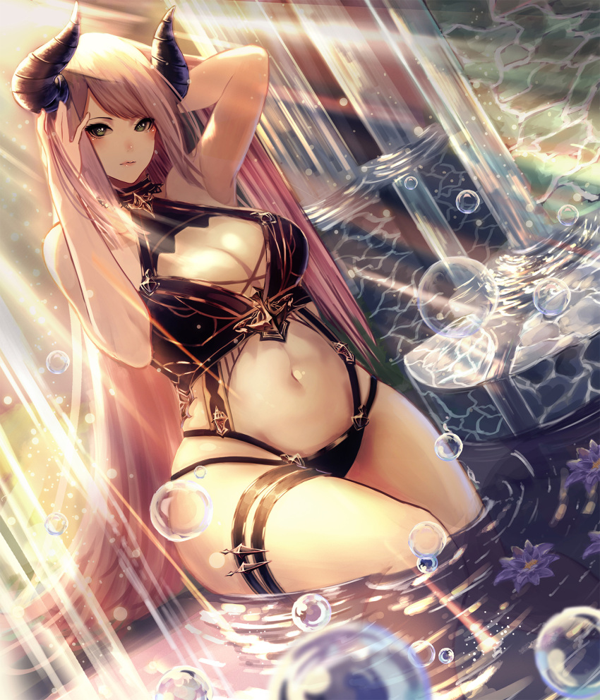 1girl arm_up armpits backlighting bangs bare_arms bare_legs bare_shoulders blush breasts bubble cleavage closed_mouth commentary_request curvy dutch_angle expressionless eyelashes feet_out_of_frame flower gold_trim green_eyes halterneck hand_in_hair hand_up head_tilt highres horns kisui_(user_wswf3235) knees_together_feet_apart large_breasts light_rays lips long_hair looking_at_viewer navel original partially_submerged pink_hair revealing_clothes ripples solo stomach sunbeam sunlight swept_bangs thigh_strap very_long_hair wide_hips