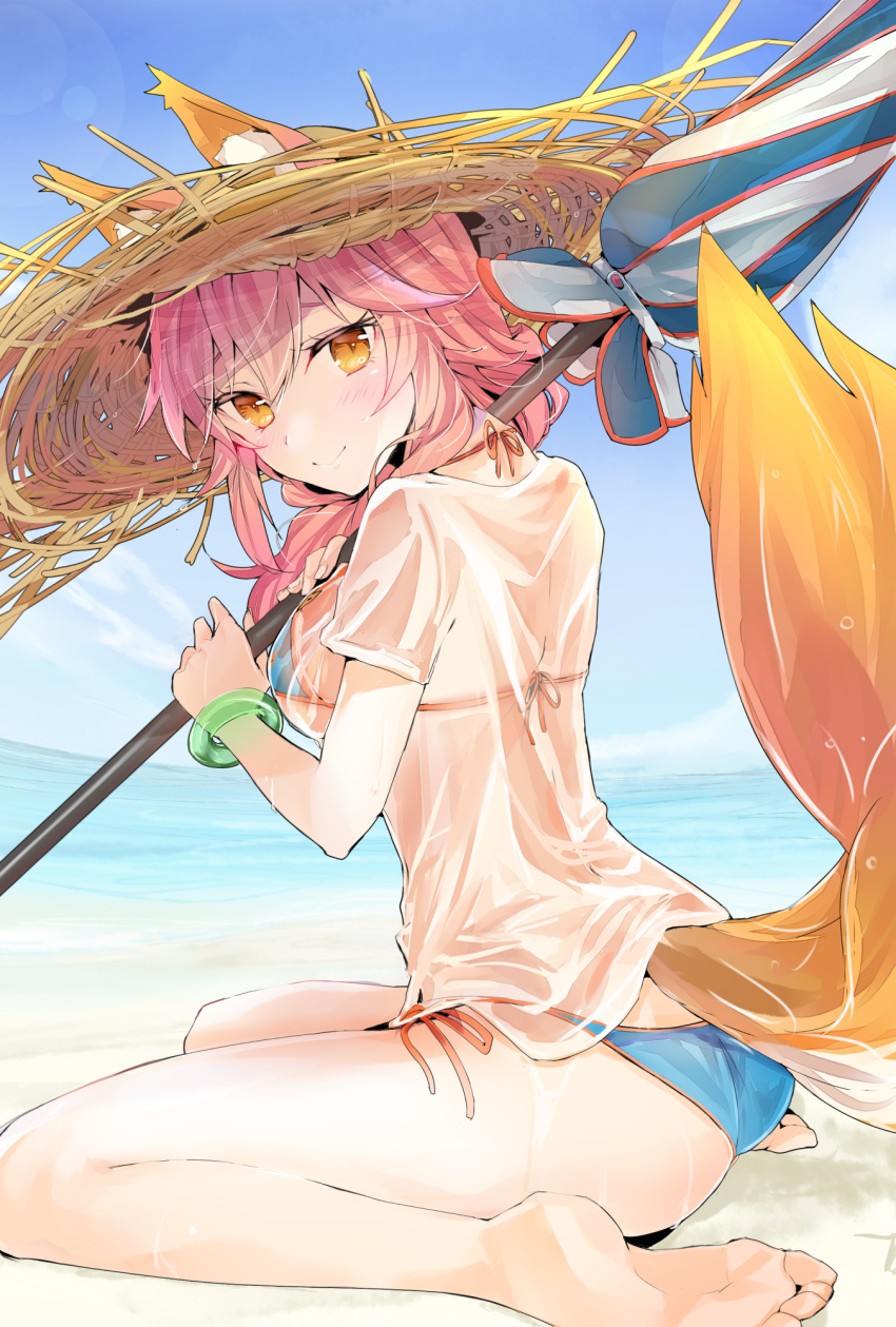 1girl :&lt; animal_ears ass bangs bare_legs barefoot beach beach_umbrella bikini bikini_under_clothes blue_bikini blue_sky blush breasts brown_eyes closed_mouth commentary_request day ears_through_headwear fate/grand_order fate_(series) fox_ears fox_girl fox_tail hair_between_eyes hat head_tilt highres horizon looking_at_viewer looking_back medium_breasts ocean outdoors parasol pink_hair sand see-through shirt short_sleeves side-tie_bikini sitting sky smile solo straw_hat swimsuit tail tamamo_(fate)_(all) tamamo_no_mae_(swimsuit_lancer)_(fate) tomozero umbrella wariza water wet wet_clothes wet_shirt wet_t-shirt white_shirt yellow_eyes