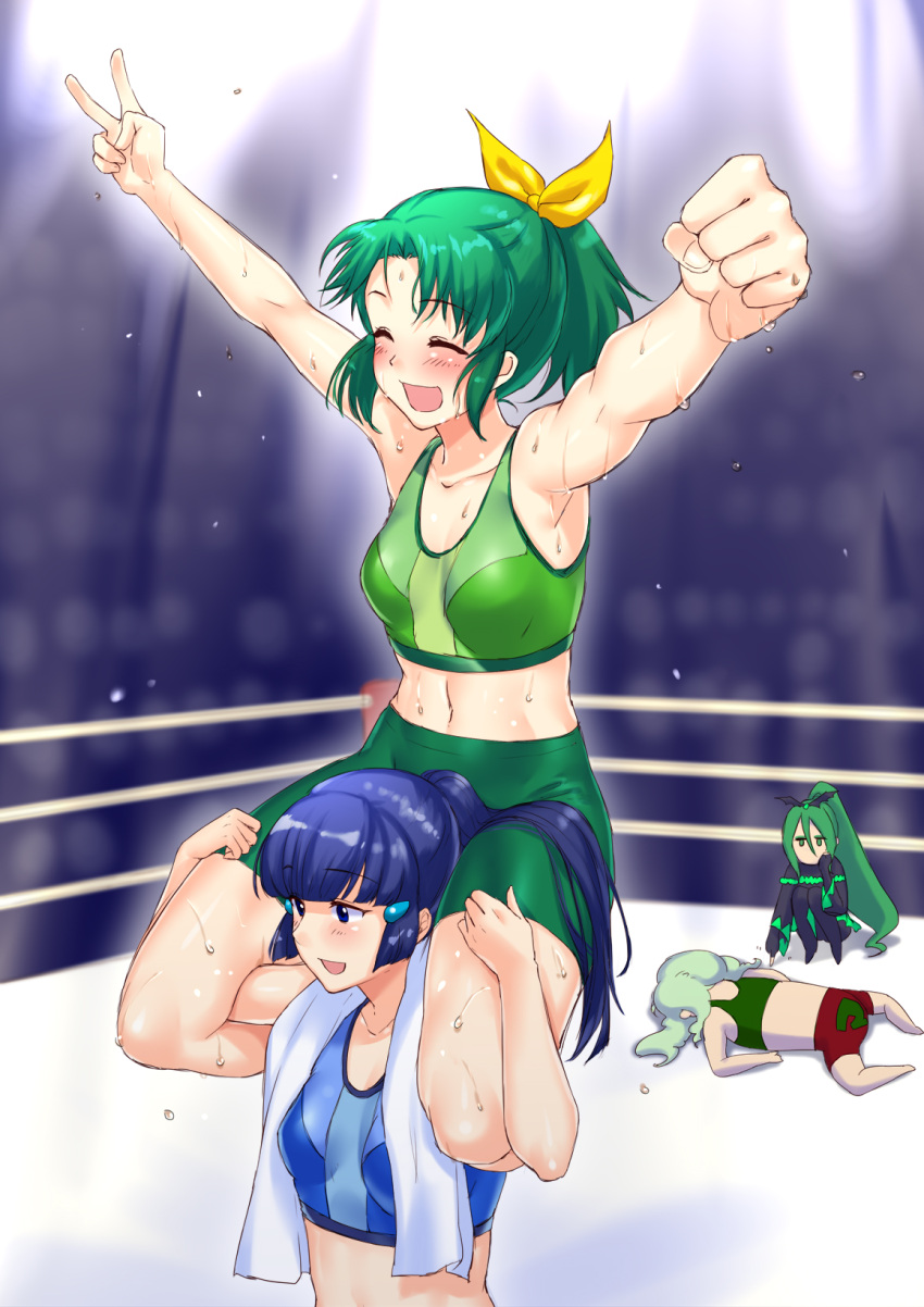 4girls :d ^_^ aoki_reika arms_up bad_end_march bike_shorts blue_eyes blue_hair blush clenched_hand closed_eyes commentary_request dripping flying_sweatdrops green_hair green_shorts hair_ornament hair_ribbon hairclip highres long_hair majorina midorikawa_nao midriff multiple_girls navel neziiro open_mouth ponytail precure ribbon shorts smile smile_precure! sweat sweating v wrestling_ring yellow_ribbon