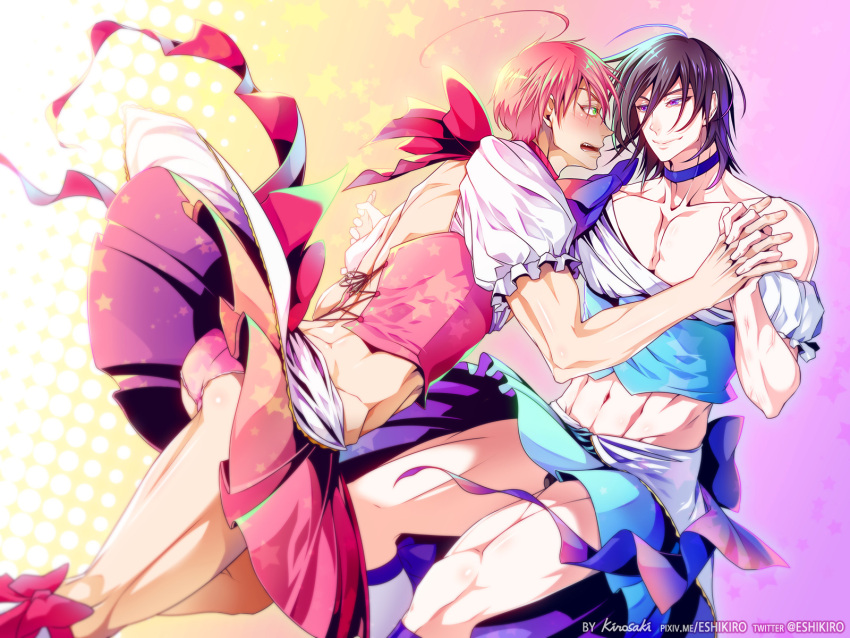 2boys abs ahoge artist_name ass bare_shoulders black_hair blue_bow blue_choker bow choker collarbone eye_contact green_eyes hand_holding highres looking_at_another mahou_shoujo_ore male_focus mikage_sakuyo multiple_boys muscle open_mouth panties pantyshot pantyshot_(standing) pink_bow pink_choker pink_skirt puffy_short_sleeves puffy_sleeves seklutz short_sleeves skirt standing twitter_username underwear uno_saki violet_eyes watermark yaoi