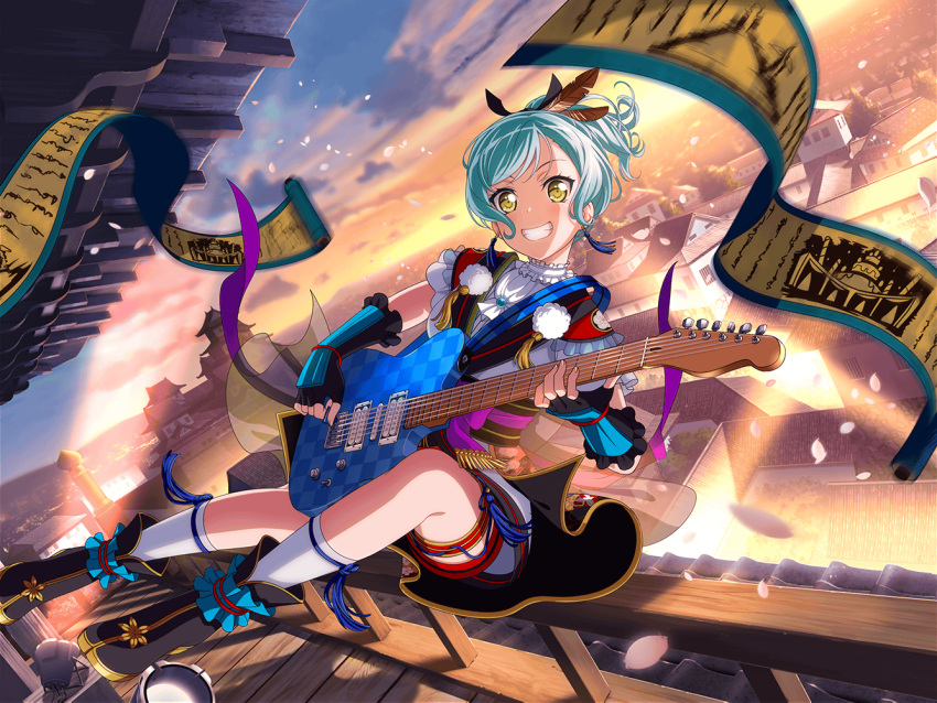 bang_dream! blush dress green_eyea green_hair guitar hikawa_hina night short_hair smile