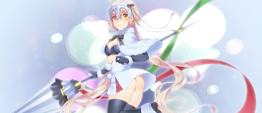 1girl absurdly_long_hair ass bell bikini_top black_gloves black_legwear blonde_hair bow bowtie breasts capelet cleavage closed_mouth dress dress_lift elbow_gloves fate/grand_order fate_(series) frown fur_trim gloves green_bow hair_bow headpiece highres holding holding_spear holding_weapon huge_weapon jeanne_d'arc_(fate)_(all) jeanne_d'arc_alter_santa_lily long_hair midriff mimiko_(fuji_310) multicolored_bow polearm pom_pom_(clothes) red_bow short_dress small_breasts solo spear striped striped_bow thigh-highs twisted_torso very_long_hair weapon white_capelet white_dress yellow_eyes