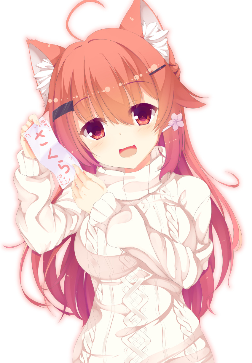 1girl :d absurdres ahoge animal_ears aran_sweater blush breasts highres holding holding_paper long_hair looking_at_viewer medium_breasts open_mouth original paper red_eyes redhead segaxtu sleeves_past_wrists smile solo sweater translated turtleneck turtleneck_sweater upper_body white_sweater