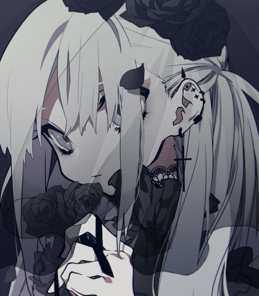 1girl black_flower black_nails black_rose closed_mouth commentary_request cross ear_piercing earrings fingernails flower grey_eyes grey_hair hair_flower hair_ornament hair_over_one_eye hand_up highres holding holding_flower jewelry looking_at_viewer mochizuki_kei nail_polish original parted_lips petals piercing portrait rose rose_petals see-through solo veil