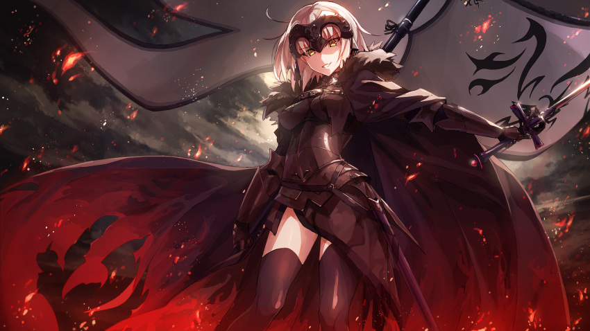 1girl armor armored_dress banner black_dress black_legwear cape clouds cloudy_sky dress fate/grand_order fate_(series) from_below fur_trim gauntlets highres holding holding_sword holding_weapon jeanne_d'arc_(alter)_(fate) jeanne_d'arc_(fate)_(all) k-me looking_at_viewer looking_down night outdoors outstretched_arm parted_lips short_hair silver_hair sky smile solo sword thigh-highs weapon yellow_eyes