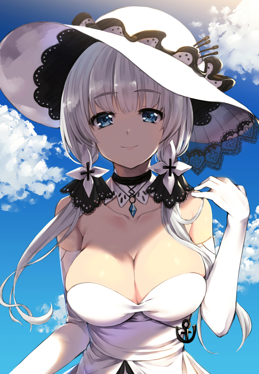 1girl akanagi_youto anchor_symbol armlet azur_lane bangs bare_shoulders blue_eyes blue_sky blush breasts choker cleavage closed_mouth clouds collarbone dress elbow_gloves eyebrows_visible_through_hair gloves hair_ornament hair_ribbon hand_up hat highres illustrious_(azur_lane) jewelry lace-trimmed_hat large_breasts long_hair looking_at_viewer low_twintails mole mole_under_eye outdoors pendant ribbon sapphire_(stone) shaded_face sidelocks sky smile solo strapless strapless_dress sun_hat tress_ribbon twintails upper_body white_dress white_gloves white_hair white_hat