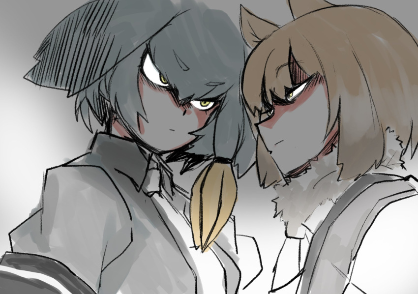 2girls animal_ears bangs bird_wings blonde_hair closed_mouth collared_shirt eye_contact eyebrows eyebrows_visible_through_hair eyelashes fox_ears fox_girl fur_collar green_eyes grey_hair grey_shirt grey_wings hair_between_eyes hair_tie head_wings highres kemono_friends looking_at_another low_ponytail multicolored_hair multiple_girls necktie shirt shoebill_(kemono_friends) short_hair short_sleeves side_ponytail sou_(pale_1080) staring staring_contest tibetan_sand_fox_(kemono_friends) two-tone_hair upper_body v-shaped_eyebrows white_neckwear wings yellow_eyes