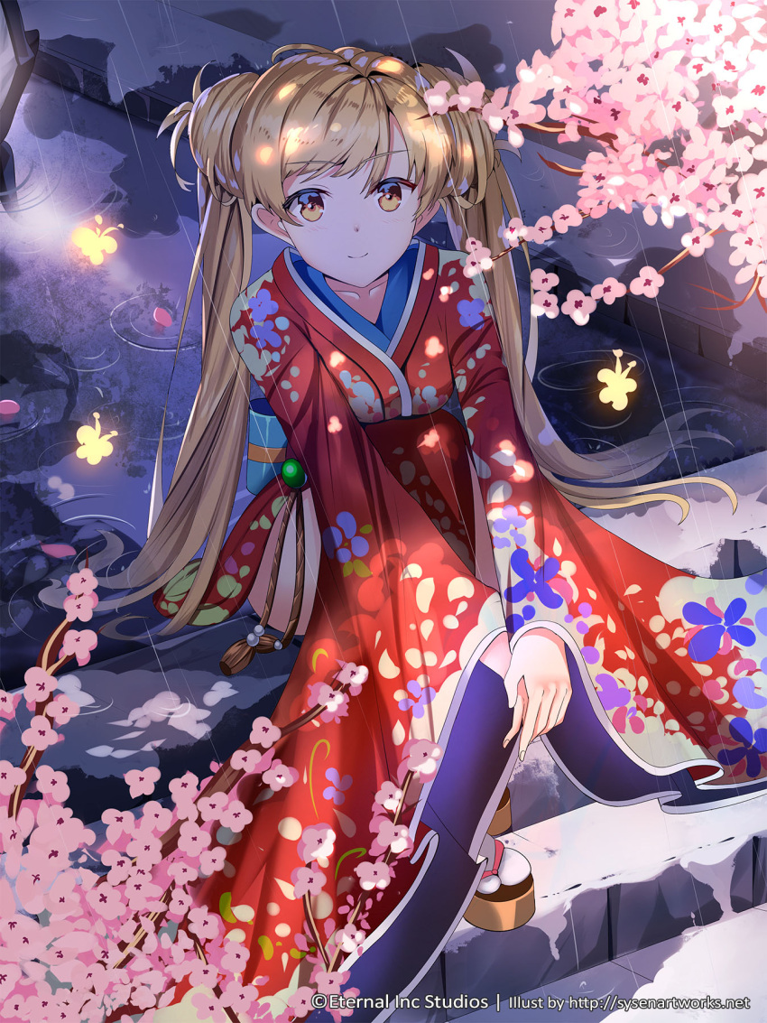 1girl brown_eyes cherry_blossoms eternal_wars floral_print highres japanese_clothes kimono long_hair looking_at_viewer official_art outdoors puddle rain sitting smile stairs sysen twintails watermark web_address