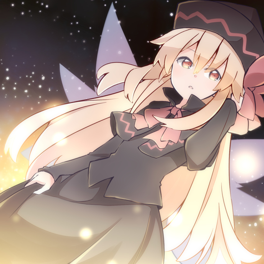1girl black_capelet black_hat black_shirt black_skirt blonde_hair brown_hair capelet commentary_request eyes_visible_through_hair fairy_wings hair_between_eyes hand_in_hair hat highres lily_black lily_white long_hair long_skirt long_sleeves open_mouth shirt skirt skirt_set solo touhou wings yutamaro