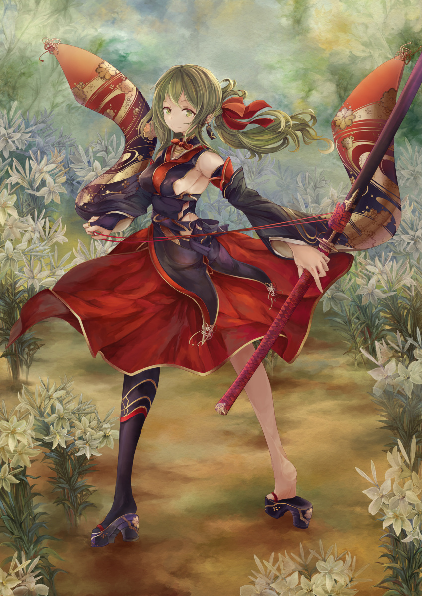 1girl absurdres black_gloves breasts day earrings fantasy fingerless_gloves floral_print flower gloves green_eyes hair_ribbon highres holding holding_sword holding_weapon japanese_clothes jewelry katana kimono long_hair looking_at_viewer medium_breasts original outdoors red_ribbon red_skirt ribbon sandals side_cutout sideboob single_thighhigh skirt smile solo standing sword thigh-highs weapon yashiron2011