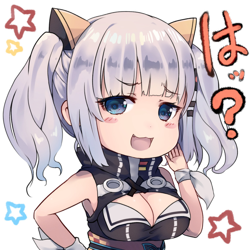1girl :3 :d absurdres bangs bare_shoulders black_dress blue_eyes blush breasts cleavage cleavage_cutout commentary_request dress dyson_(edaokunnsaikouya) eyebrows_visible_through_hair fang hair_ornament hairclip highres kaguya_luna kaguya_luna_(character) large_breasts looking_at_viewer obi open_mouth sash silver_hair simple_background sleeveless sleeveless_dress smile solo star translated twintails virtual_youtuber white_background