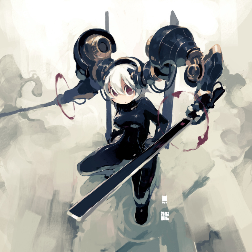 1girl absurdres black_bodysuit bodysuit breasts brown_eyes commentary_request dual_wielding hair_between_eyes headgear highres holding holding_sword holding_weapon looking_at_viewer mechanical_arms medium_breasts medium_hair no_nose no_pupils original sakamoto_ahiru shiny shiny_clothes skin_tight solo squatting sword weapon white_hair