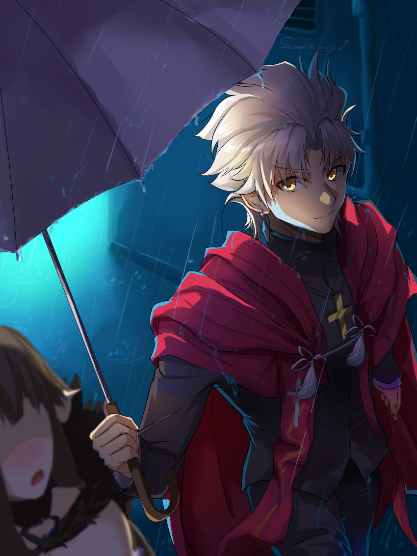 1boy 1girl absurdres amakusa_shirou_(fate) black_dress black_hair blush cape cloak commentary_request couple cross cross_necklace d: dark_skin detached_sleeves dress earrings eyes_in_shadow fate/apocrypha fate/grand_order fate_(series) fur_trim hetero highres holding holding_umbrella jewelry kaer_sasi_dianxia long_dress long_hair looking_at_another necklace open_mouth pointy_ears priest rain red_cape ripples semiramis_(fate) short_hair smile umbrella very_long_hair water_drop white_hair yellow_eyes