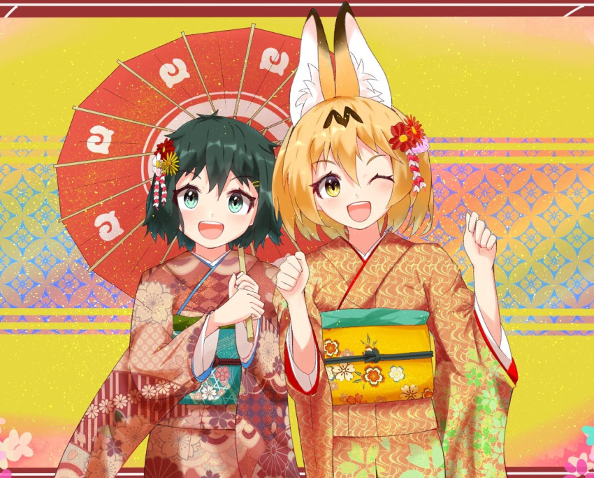 2girls :d ;d animal_ears aqua_eyes black_hair blonde_hair brown_eyes clenched_hand cowboy_shot floral_print flower hair_flower hair_ornament hairclip japanese_clothes kaban_(kemono_friends) kemono_friends kimono multiple_girls new_year one_eye_closed open_mouth parasol red_umbrella serval_(kemono_friends) serval_ears short_hair smile uji_(966qrr) umbrella