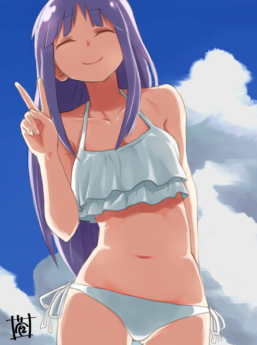 1girl ^_^ arm_behind_back bangs bare_shoulders bikini blue_sky breasts closed_eyes closed_mouth clouds collarbone cowboy_shot day eyelashes fingernails highres leaning leaning_to_the_side legs_apart long_hair medium_breasts navel original outdoors palms parted_bangs purple_hair side-tie_bikini sky smile solo sou_(pale_1080) standing stomach straight_hair swimsuit v very_long_hair white_bikini