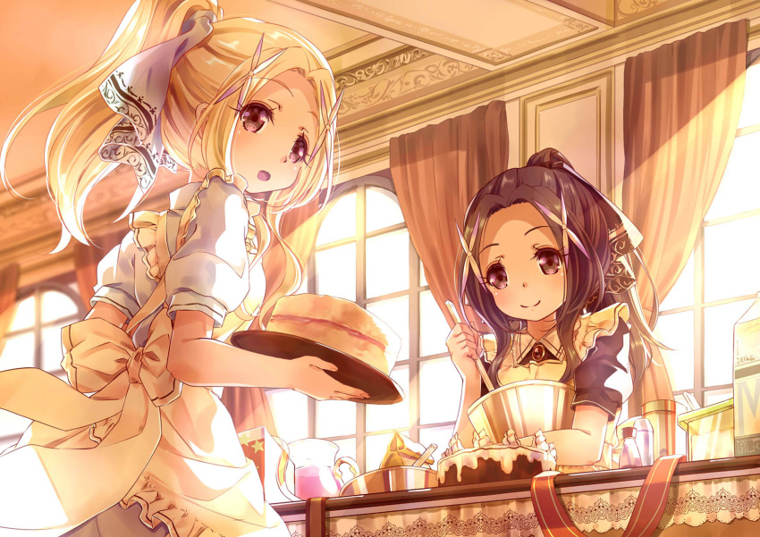 2girls 54hao :d apron bangs beige_apron black_dress blonde_hair blush cake closed_mouth commentary_request curtains day dress eyebrows_visible_through_hair fingernails food forehead hair_ornament high_ponytail highres holding holding_plate indoors jug long_hair looking_at_viewer looking_back maid_apron mixing_bowl multiple_girls open_mouth original parted_bangs plate ponytail puffy_short_sleeves puffy_sleeves purple_hair sepia short_sleeves siblings sidelocks sisters smile sunlight twins violet_eyes white_dress window x_hair_ornament
