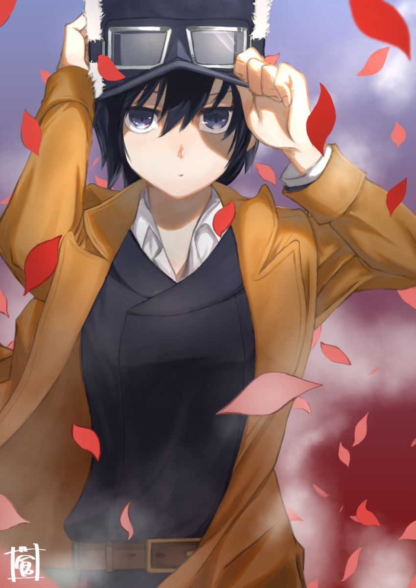 1girl adjusting_clothes adjusting_hat bangs belt belt_buckle black_hair black_hat blue_eyes brown_belt buckle closed_mouth coat collared_shirt eyebrows fingernails goggles goggles_on_headwear hair_between_eyes hat highres kino kino_no_tabi long_sleeves open_clothes open_coat orange_coat petals shirt short_hair solo sou_(pale_1080) white_shirt