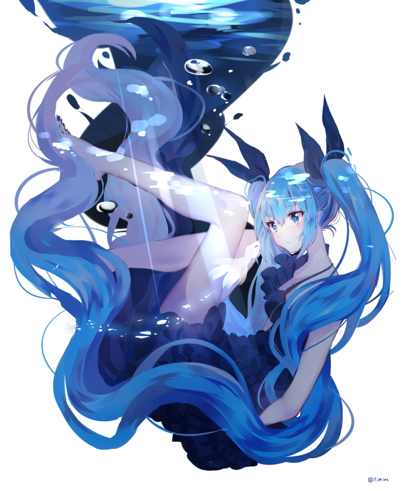 1girl absurdly_long_hair bangs barefoot black_dress black_ribbon blue_eyes blue_hair blue_nails breasts dress eyebrows_visible_through_hair floating_hair hair_between_eyes hair_ribbon hatsune_miku highres long_hair medium_breasts nail_polish ribbon shinkai_shoujo_(vocaloid) simple_background sleeveless sleeveless_dress solo timins toenail_polish twintails underwater very_long_hair vocaloid white_background