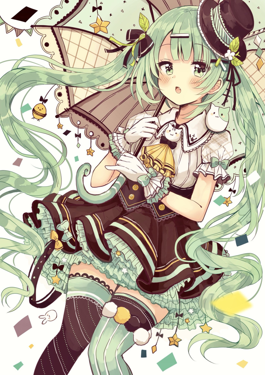 1girl :o bangs black_bow black_hat black_legwear black_skirt blush bow commentary_request eyebrows_visible_through_hair fang gloves green_bow green_eyes green_hair green_legwear hair_bow hair_ornament hairclip hat highres holding holding_umbrella long_hair looking_at_viewer mini_hat mini_top_hat mismatched_legwear multicolored multicolored_umbrella open_mouth original petticoat puffy_short_sleeves puffy_sleeves sakura_oriko shirt short_sleeves simple_background skirt solo star striped striped_legwear top_hat twintails umbrella vertical-striped_legwear vertical_stripes very_long_hair white_background white_gloves white_shirt