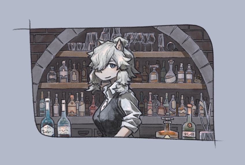 1girl alpaca_ears alpaca_suri_(kemono_friends) alternate_costume animal_ears bartender black_vest blonde_hair blue_eyes bottle buttons closed_mouth collared_shirt commentary_request contemporary cup drinking_glass hair_over_one_eye highres indoors kemono_friends long_sleeves looking_at_viewer medium_hair pueblo shirt sleeves_rolled_up smile solo upper_body vest white_shirt wine_bottle wine_glass wing_collar