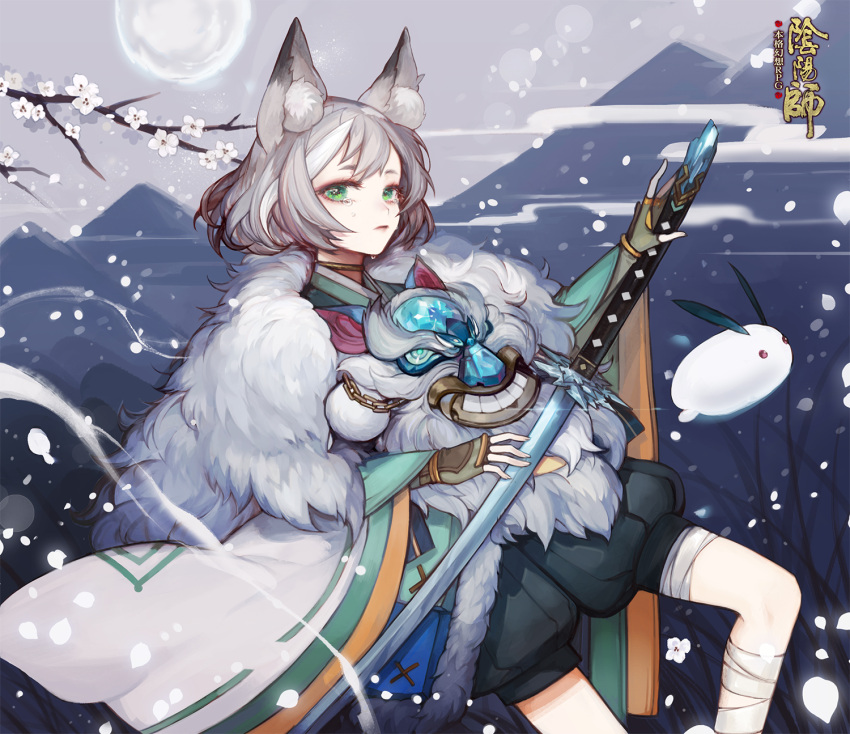 1boy animal_ears brown_gloves elreyiens fingerless_gloves fur_trim gloves green_eyes grey_hair grey_sky highres katana long_hair male_focus official_art onmyoji outdoors snow snow_bunny snowflakes sword tears weapon yuki_douji_(onmyoji)