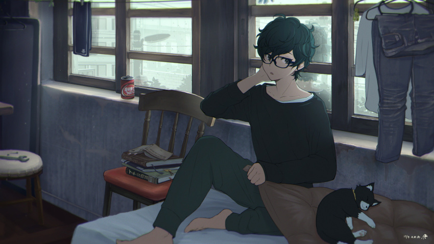 1boy 5114ave absurdres amamiya_ren androgynous aqua_hair barefoot black_hair book book_stack can cat chair chromatic_aberration clothes_hanger clothesline dated glasses grey_eyes hand_behind_head highres indoors laundry long_sleeves morgana_(persona_5) nail on_bed pants parted_lips persona persona_5 pillow rain reflection short_hair sitting sitting_on_bed soda_can solo stool sweatpants sweatshirt undershirt window wrench