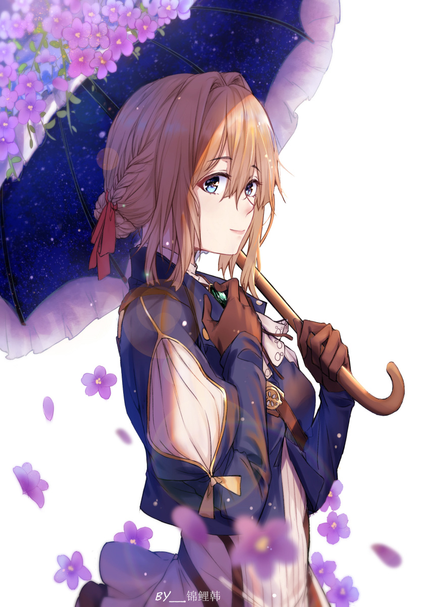 1girl absurdres bangs blonde_hair blue brown_gloves eyebrows_visible_through_hair eyes flower gloves hair_between_eyes hair_ribbon highres holding holding_umbrella koi_han pink_flower red_ribbon ribbon short_hair simple_background solo umbrella upper_body violet_evergarden violet_evergarden_(character) white_background