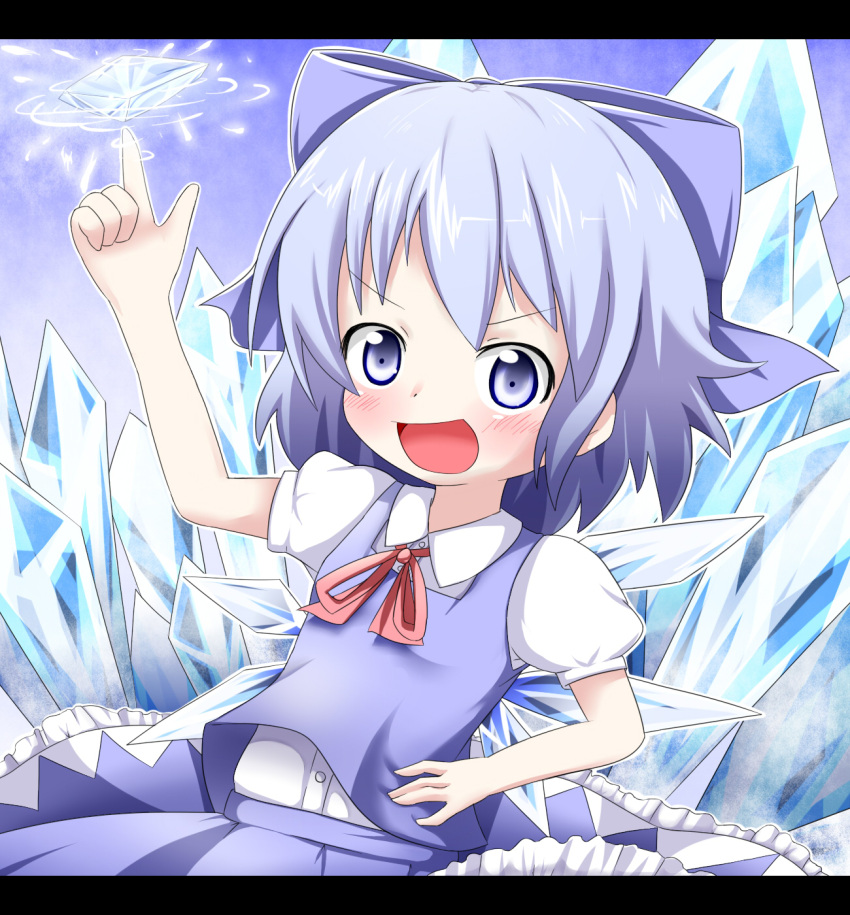 1girl :d arm_up bangs blue_bow blue_eyes blue_hair blue_skirt blue_vest blush bow cirno collared_shirt commentary_request dress_shirt eyebrows_visible_through_hair hair_bow hand_on_hip highres ice ice_wings index_finger_raised long_hair looking_at_viewer makuran neck_ribbon open_mouth pink_ribbon puffy_short_sleeves puffy_sleeves ribbon shirt short_sleeves skirt smile solo touhou v-shaped_eyebrows vest white_shirt wings